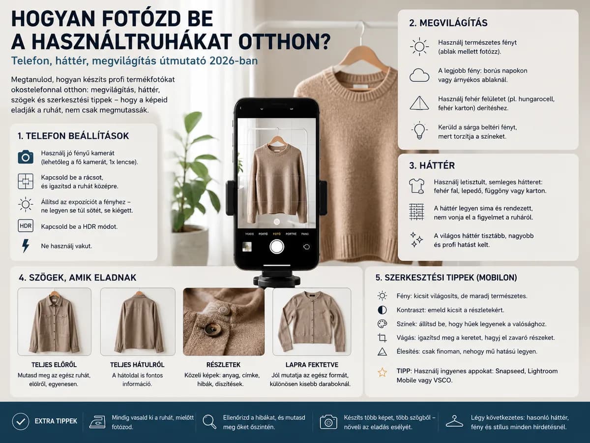 Hogyan fotózd be a használtruhákat otthon? – Telefon, háttér, megvilágítás útmutató 2026-ban
